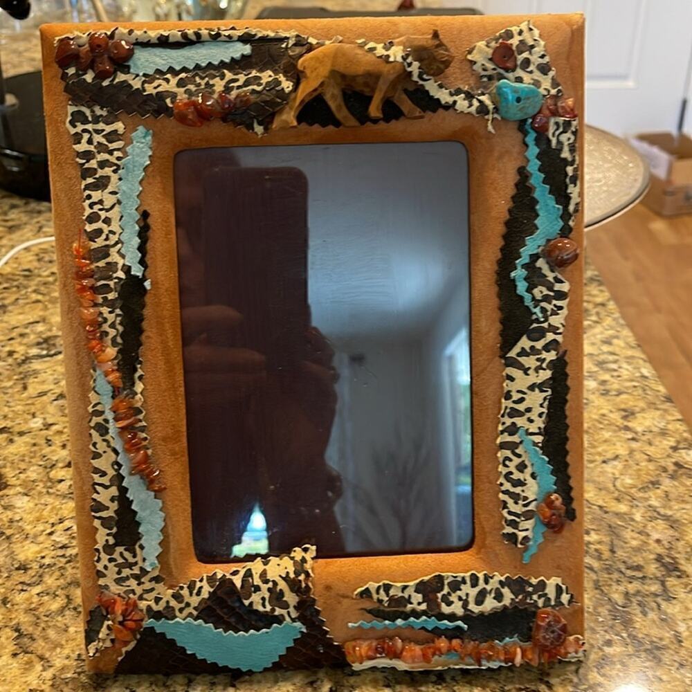Picture frame- one of a kind hand made suede glass wood beads- carving cat